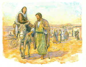 Mary on a donkey, being led by Joseph. Illustrations by Jody Eastman