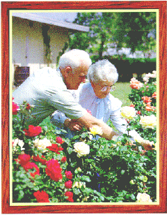 an elderly couple in a garden