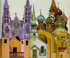 collage of church steeples. artwork by Ken Tunell
