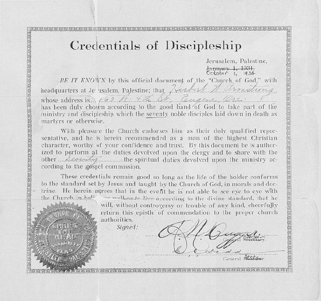Ministerial certificate issued in 1934 to Herbert Armstrong by Church of God, Seventh Day leaders A.N. Dugger and C.O. Dodd