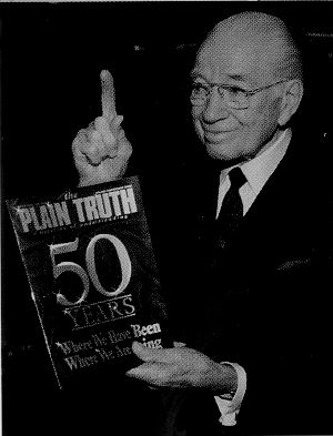 Herbert Amstrong with the 50th anniversary edition of The Plain Truth