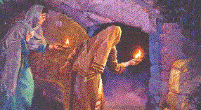 women arrive at an empty tomb; artwork by Ken Tunell